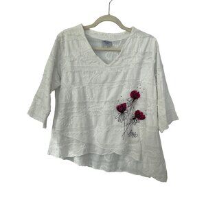 Cottonseed Casual Wear Hand Painted Top Women Small White Artsy Floral Lagenlook